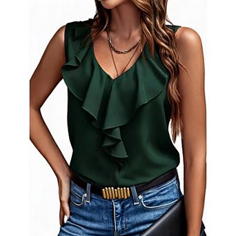 Womens Summer Tank Tops Fashion Sleeveless Ruffle V Neck Dressy Casual Blouses Fashion Work Shirts