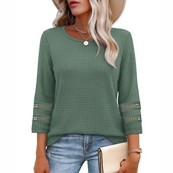Womens Casual Tunic Blouse Hollow Out 3/4 Long Sleeve Crewneck Shirt Top Fashion Work Cute Clothes