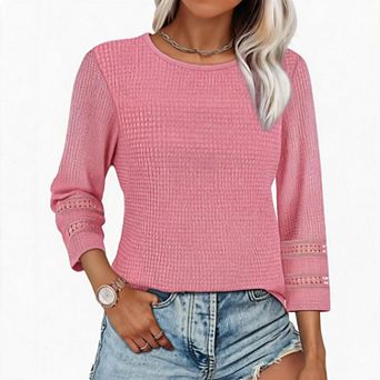 Womens Casual Tunic Blouse Hollow Out 3/4 Long Sleeve Crewneck Shirt Top Fashion Work Cute Clothes