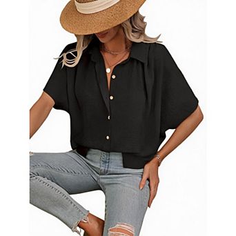 Women's Casual Button Down Shirt Collared Dolman Short Sleeve Boyfriend Blouses Loose Fit Tops