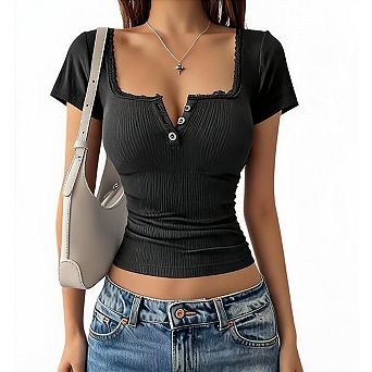 Womens Summer T Shirt Short Sleeve Button Up Square Neck Lace Trim Crop Shirt Slim Fit Tee Tops