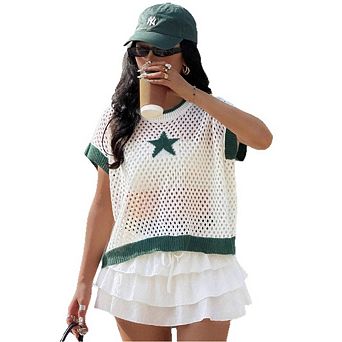 Womens Casual Star T Shirts Crochet Knit Oversized Crewneck Short Sleeve Loose Fit Streetwear Tops