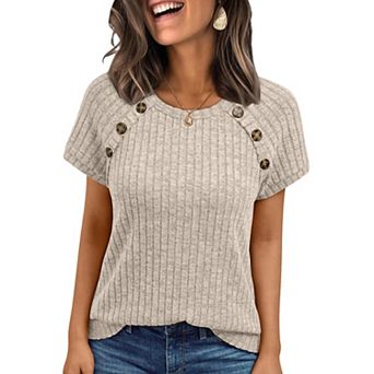 Women's Fashion T Shirts Crewneck Short Sleeve Button Sweater Knit Business Casual Classic Fit Tops