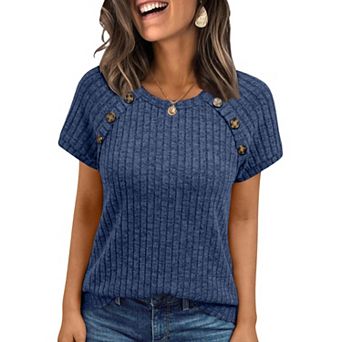 Women's Fashion T Shirts Crewneck Short Sleeve Button Sweater Knit Business Casual Classic Fit Tops