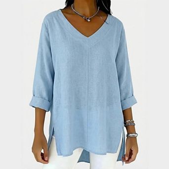 Womens Casual Tops 3/4 Length Sleeve Loose Fit V Neck Side Slit Blouse for Work Business Daily Wear