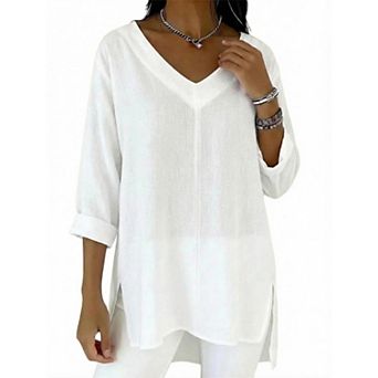 Womens Casual Tops 3/4 Length Sleeve Loose Fit V Neck Side Slit Blouse for Work Business Daily Wear