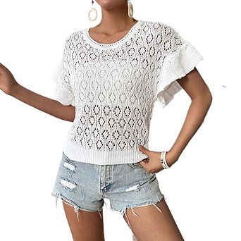 Women's Summer T Shirt Casual Crewneck Ruffle Cap Sleeve Shirts Crochet Knit Texture Top Blouses