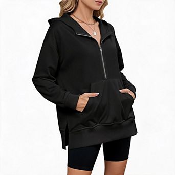 Womens Casual Hooded Sweatshirt Long Sleeve Zipper Collared Shirt Drop Shoulder Front Pocket Tops