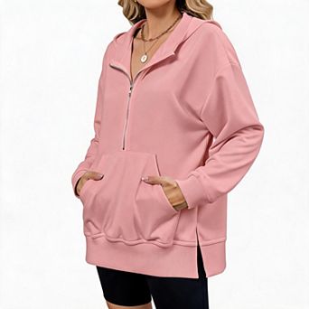 Womens Casual Hooded Sweatshirt Long Sleeve Zipper Collared Shirt Drop Shoulder Front Pocket Tops