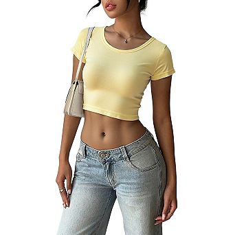 Womens Fashion T Shirts Short Sleeve Round Neck Basic Slim Tees Fitted Crop Tops