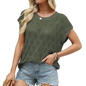 Women's Crew Neck Cap Sleeve Openwork Knit Top Loose Casual Hollow Out Summer Sweater