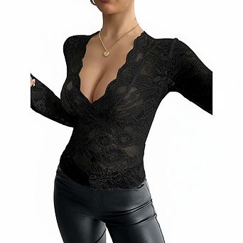 Women's Long Sleeve Lace Tops V Neck Full Lace Blouse Slim Fit Casual Date Party Evening Wear