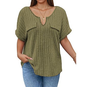 Women's Casual V Neck Tops Short Sleeve Ribbed Knit Shirts with Pocket Loose Fit Daily Wear Blouse