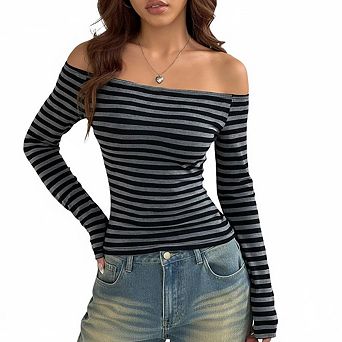 Women's Off Shoulder Long Sleeve Tops Striped Print Slim Fit Cropped Casual Daily Date Night Wear Bl