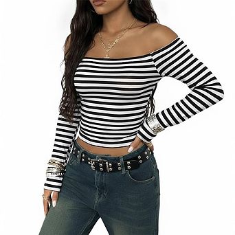 Women's Off Shoulder Long Sleeve Tops Striped Print Slim Fit Cropped Casual Daily Date Night Wear Bl
