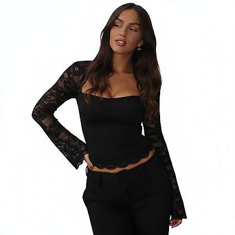 Women's Long Sleeve Lace Tops Square Neck Sleeve Blouse Slim Fit Casual Daily Date Wear