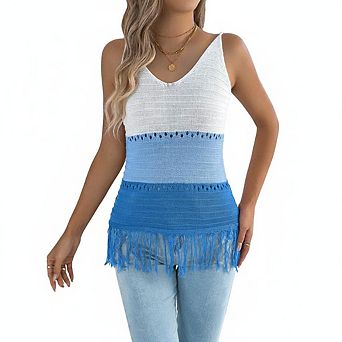 Women's Sleeveless Knit Tank Tops V Neck Fringe Hem Color Block Boho Casual Summer Wear