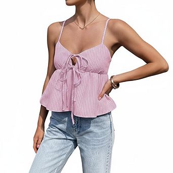Women's Spaghetti Strap Tie Front Tops Ruffle Hem Camisole Casual Summer Beach Daily Wear