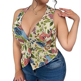 Women's V Neck Halter Neck Tops Floral Print Sleeveless Vest Casual Daily Office Wear Blouse