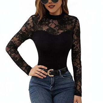 Women's Long Sleeve Lace Trim Tops Mock Neck Slim Fit Casual Daily Office Wear Breathable Blouse