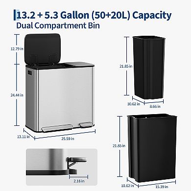 Dual Compartment Kitchen Trash Can 50L+20L - Stainless Steel- 2 Removable Buckets