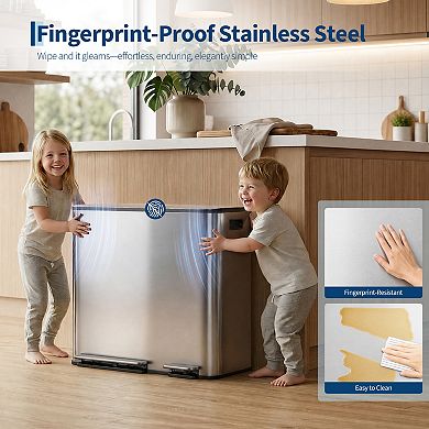 Dual Compartment Kitchen Trash Can 50L+20L - Stainless Steel- 2 Removable Buckets