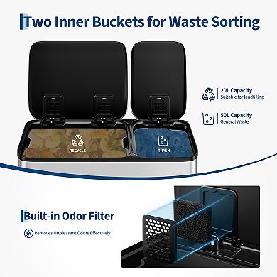 Dual Compartment Kitchen Trash Can 50L+20L - Stainless Steel- 2 Removable Buckets