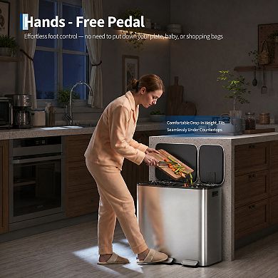 Dual Compartment Kitchen Trash Can 50L+20L - Stainless Steel- 2 Removable Buckets