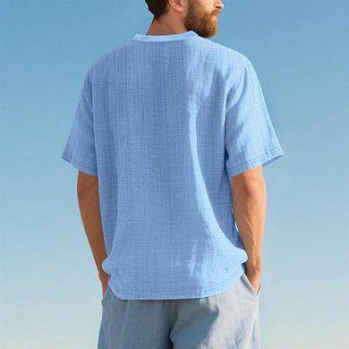 Mens Button Down Short Sleeve Shirt Casual Summer Collarless Beach Textured Shirts