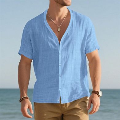 Mens Button Down Short Sleeve Shirt Casual Summer Collarless Beach Textured Shirts