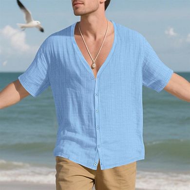 Mens Button Down Short Sleeve Shirt Casual Summer Collarless Beach Textured Shirts