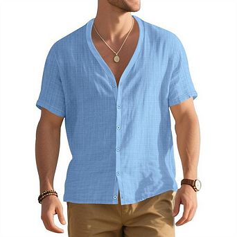 Mens Button Down Short Sleeve Shirt Casual Summer Collarless Beach Textured Shirts