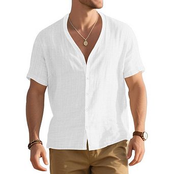 Mens Button Down Short Sleeve Shirt Casual Summer Collarless Beach Textured Shirts