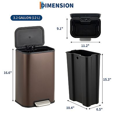 3.2 Gallon Garbage Can with Lid, Stainless Steel Rectangular Rectangular Step-on Waste Bin