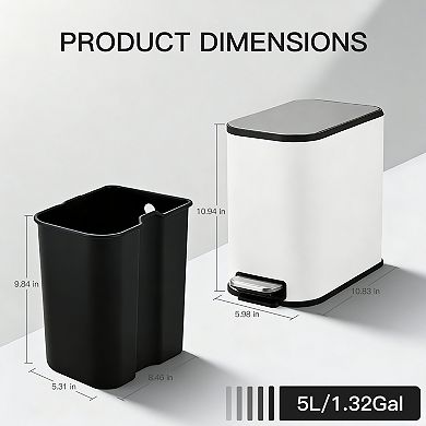 5 Liter / 1.32 Gallon Stainless Steel Trash Bin, Step Pedal
