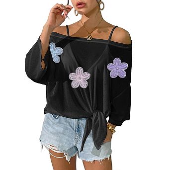 Women Off The Shoulder Floral 3/4 Sleeve Tops Sheer Beach Cover Up Loose Fit Summer Swimsuit Blouse