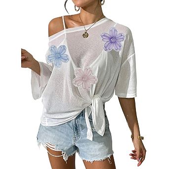 Women Off The Shoulder Floral 3/4 Sleeve Tops Sheer Beach Cover Up Loose Fit Summer Swimsuit Blouse
