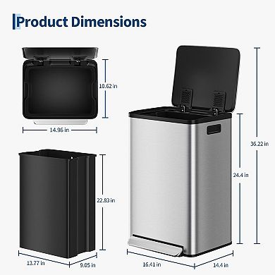 Large 13 Gallon Kitchen Trash Can, Soft Close Slim Lid, Modern and Durable Waste Container for Home