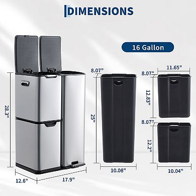 16 Gal 3-in-1 Stainless Steel Kitchen Trash Can