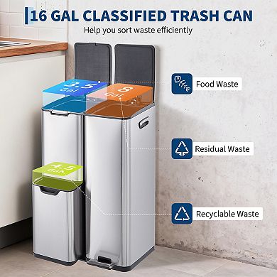 16 Gal 3-in-1 Stainless Steel Kitchen Trash Can
