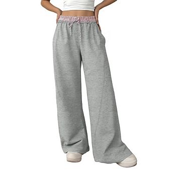 Women's Drawstring Patchwork Casual Pants Elastic Waistband High Waisted Sweatpants