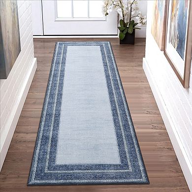 Bordered Neutral Area Rugs, Washable Soft Boho Distressed Low Pile No Slip Runners Carpet