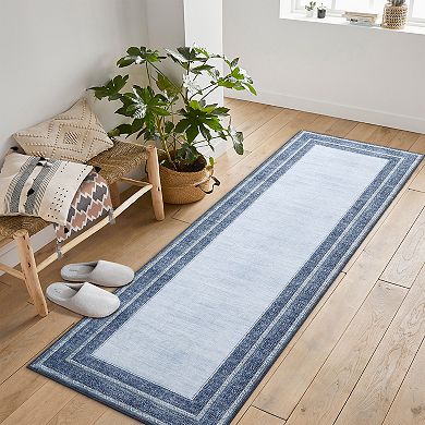Bordered Neutral Area Rugs, Washable Soft Boho Distressed Low Pile No Slip Runners Carpet