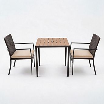3 pc Outdoor Wicker Dining Set, Cushioned Patio Table Chairs with Umbrella Hole for Garden Deck