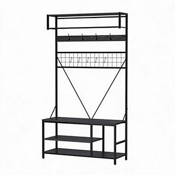 5-in-1 Metal Wood Hall Tree, Freestanding Entryway Organizer with Shoe Bench