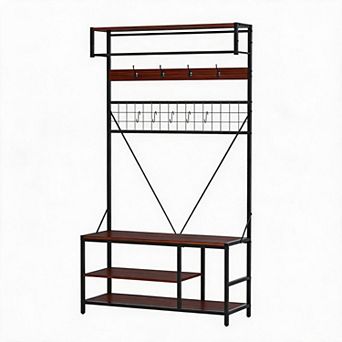 5-in-1 Metal Wood Hall Tree, Freestanding Entryway Organizer with Shoe Bench