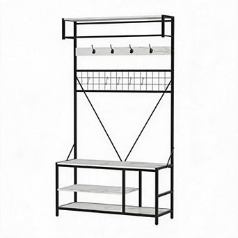 5-in-1 Metal Wood Hall Tree, Freestanding Entryway Organizer with Shoe Bench