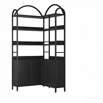 6 tier Arched L Shape Corner Bookcase with Cabinet, Metal Frame Storage Bookshelf for Living Room