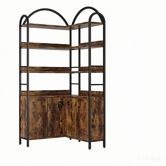 6 tier Arched L Shape Corner Bookcase with Cabinet, Metal Frame Storage Bookshelf for Living Room