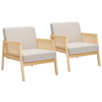 Set of 2 Boho Rattan Arm Accent Chairs, Linen Upholstered Rubberwood Frame Chairs for Living Room